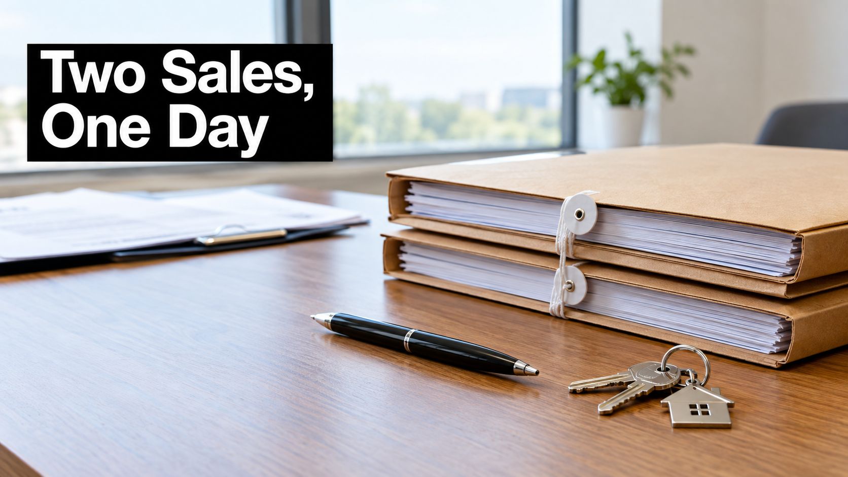 A wooden desk holding stacks of paperwork, a black pen, and house keys representing real estate success.