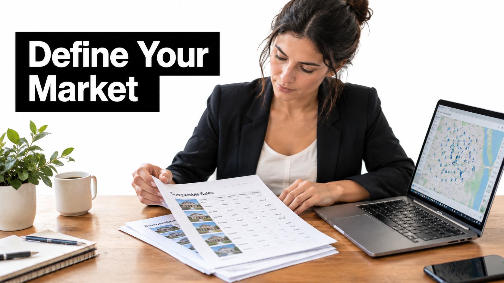 A professional real estate agent analyzing comparable sales data reports on a laptop with a map.
