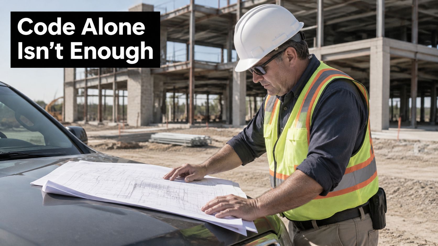 A construction site manager in a hard hat and safety vest reviewing building blueprints on a car hood.