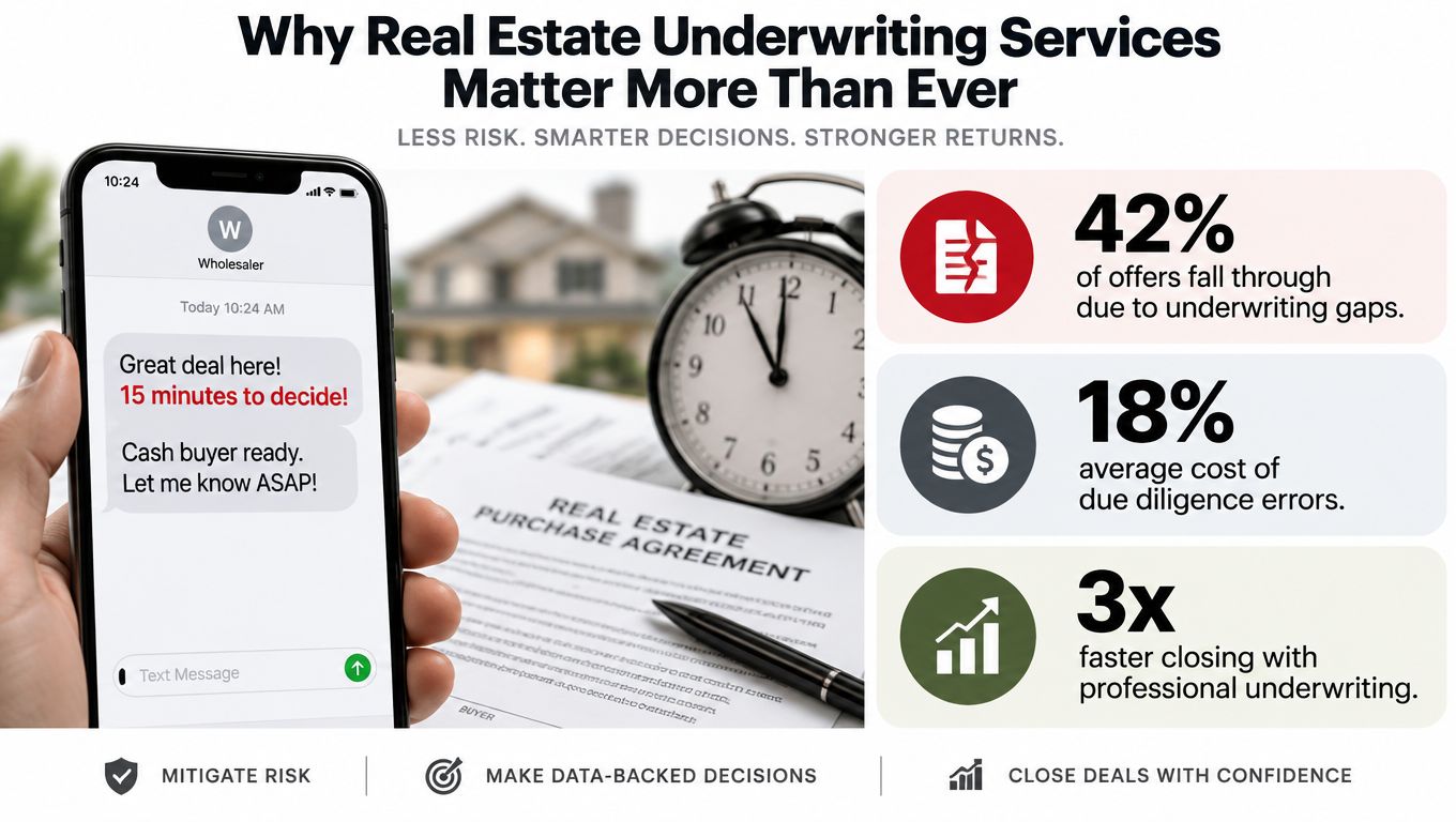 An infographic highlighting the importance of real estate underwriting services with key statistics and closing benefits.