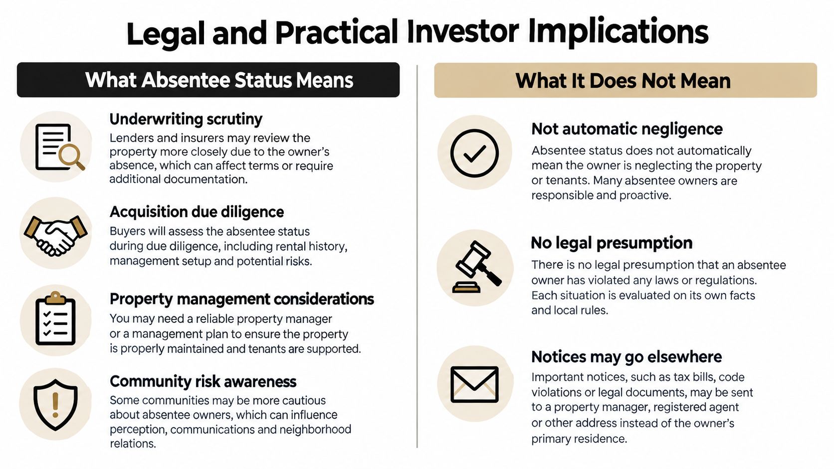 An infographic detailing the legal and practical implications of absentee owner property status for real estate investors.