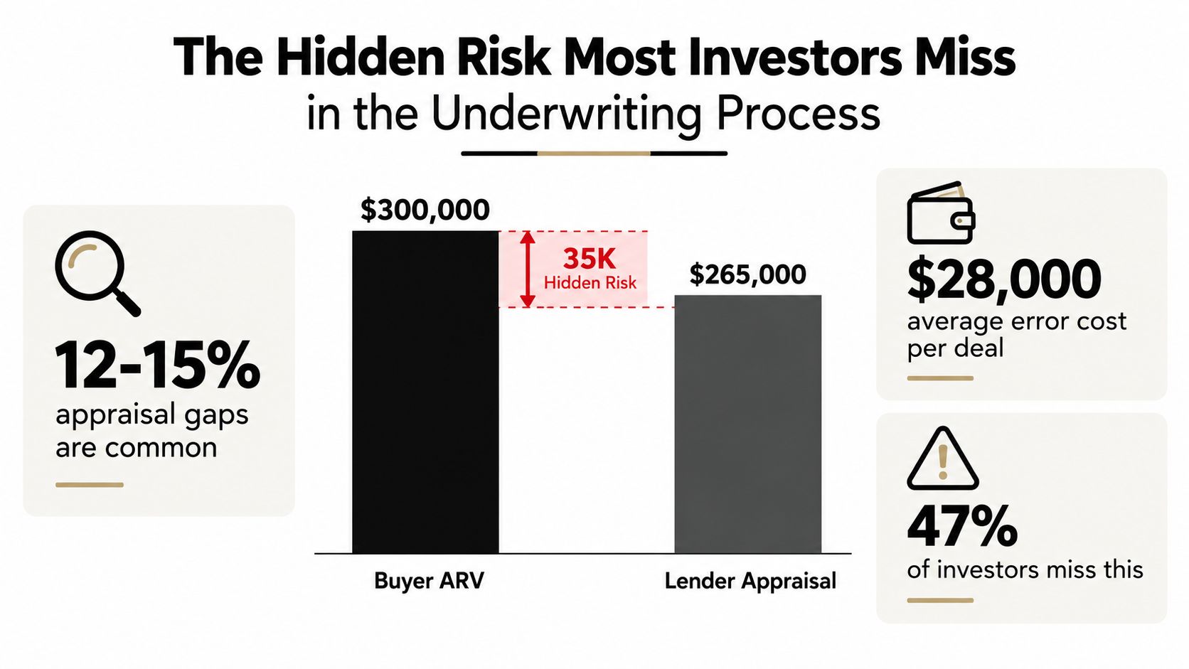 An infographic illustrating the financial risk of appraisal gaps in real estate underwriting for property investors.