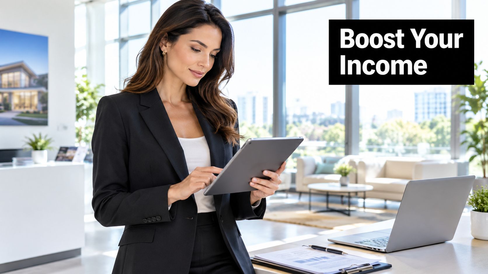A professional real estate agent reviewing information on a tablet in a modern office with large windows.