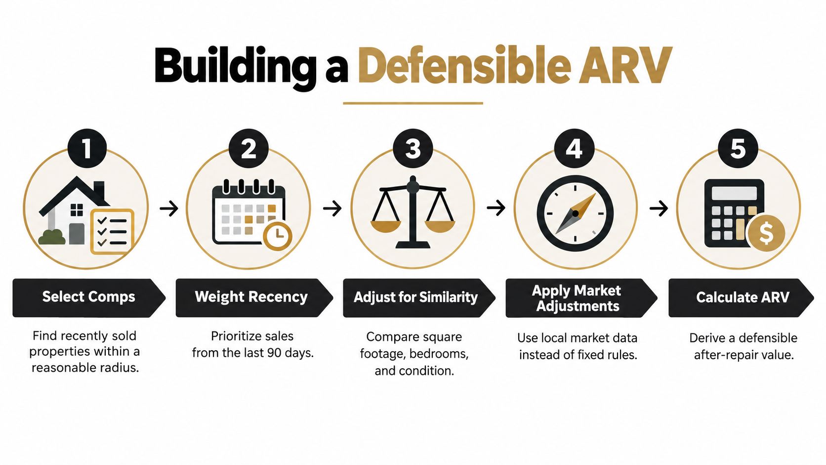 A step-by-step infographic illustrating five key steps for calculating a defensible after-repair value for real estate properties.