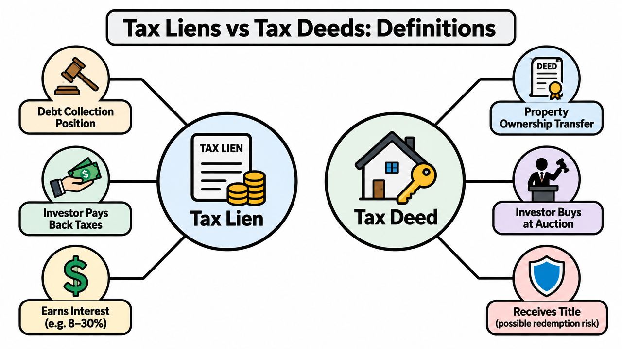 An infographic comparing tax liens and tax deeds showing their definitions, financial processes, and ownership implications.