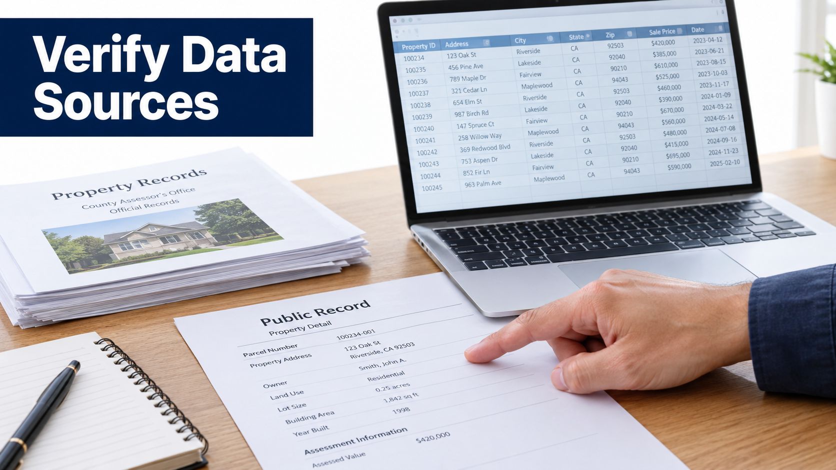 A person reviewing property records and real estate data on a laptop and printed documents.