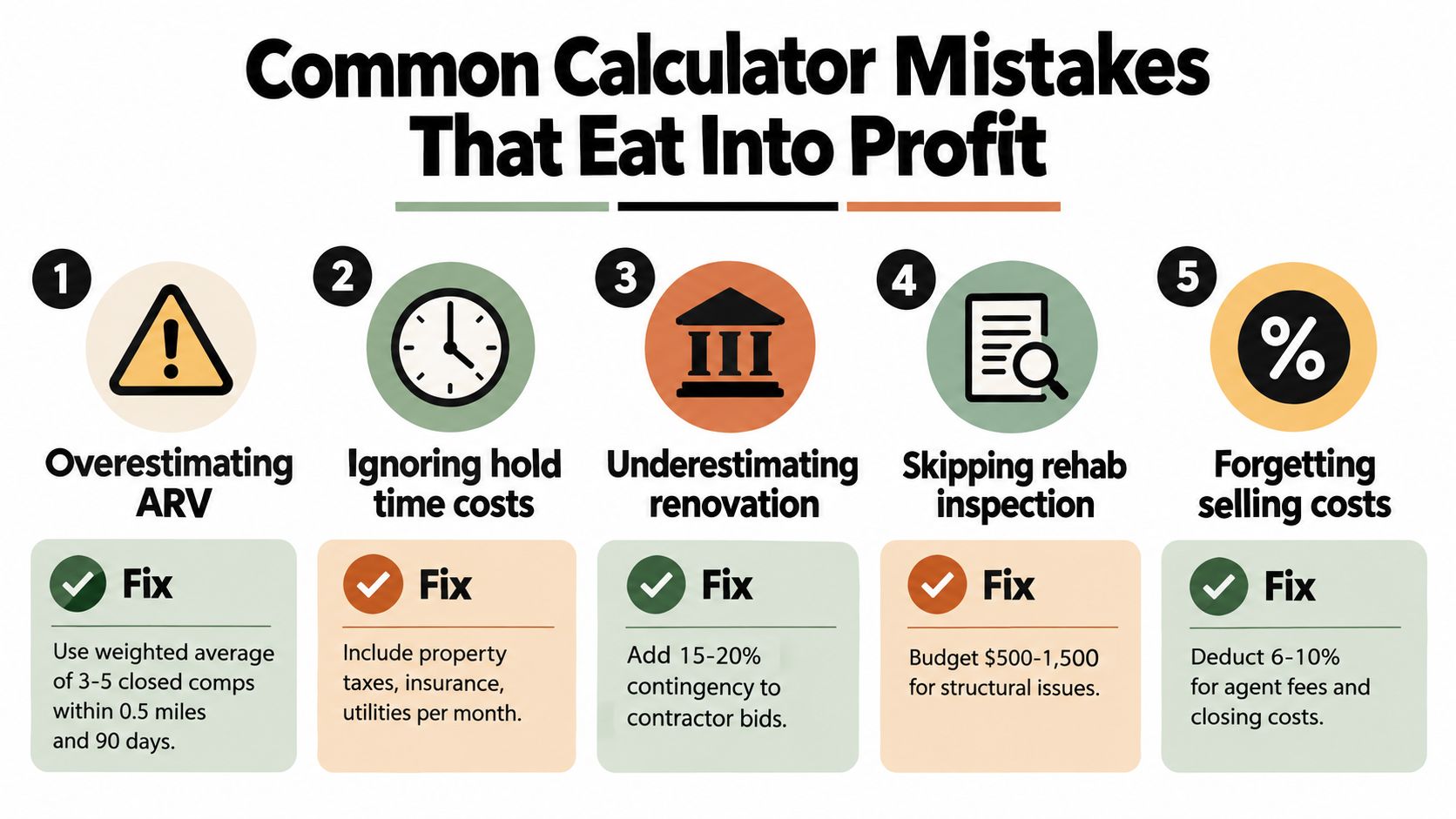 An infographic showing five common real estate calculator mistakes that reduce investor profits with suggested fixes.