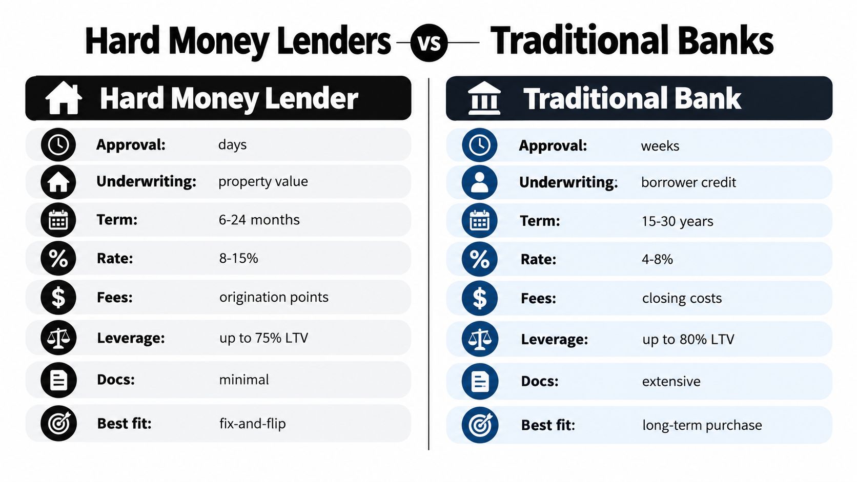 A comparison chart outlining key differences between hard money lenders and traditional banks for real estate financing.