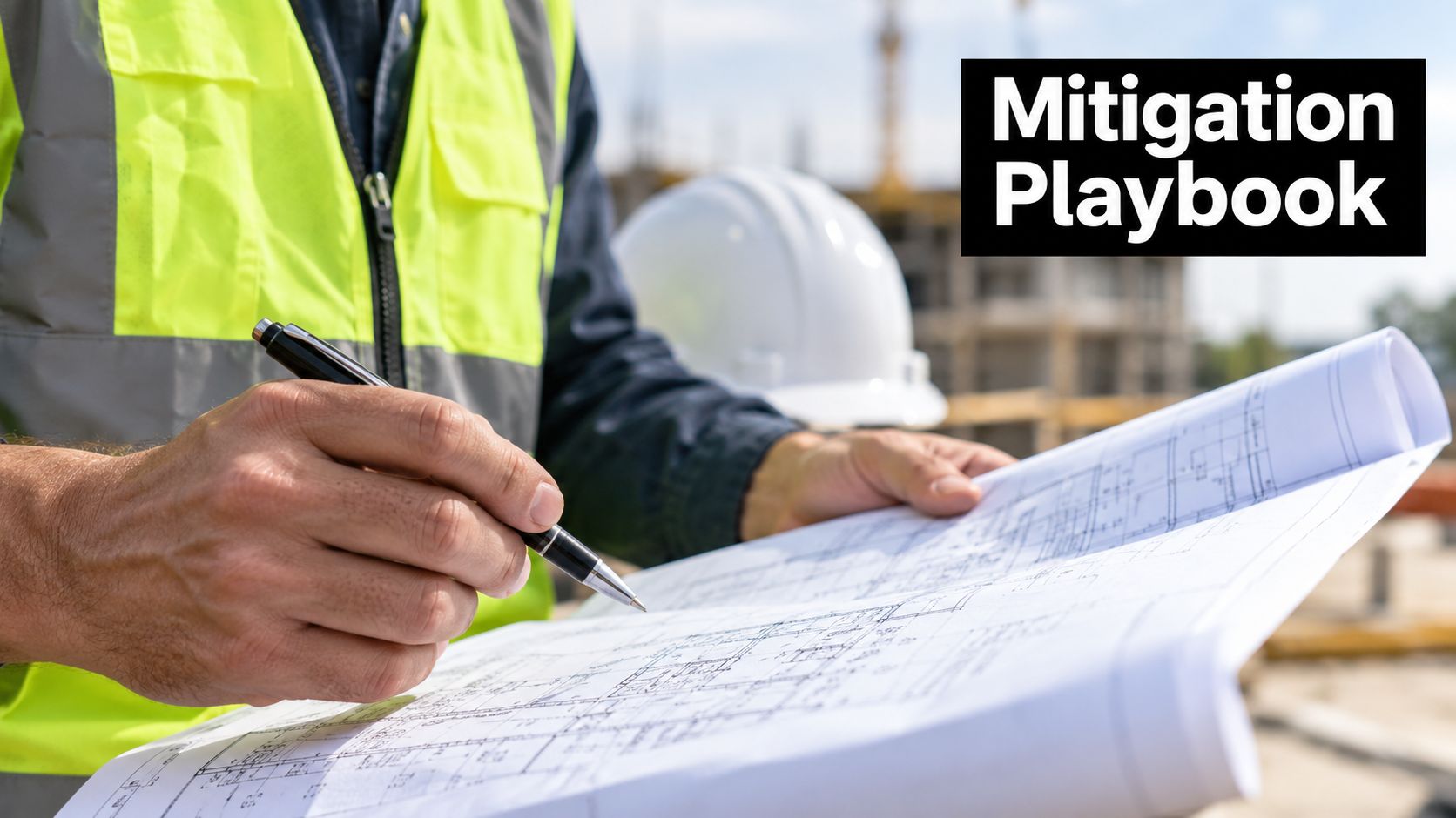 A construction supervisor in a reflective vest reviewing building plans at a construction site with a helmet.