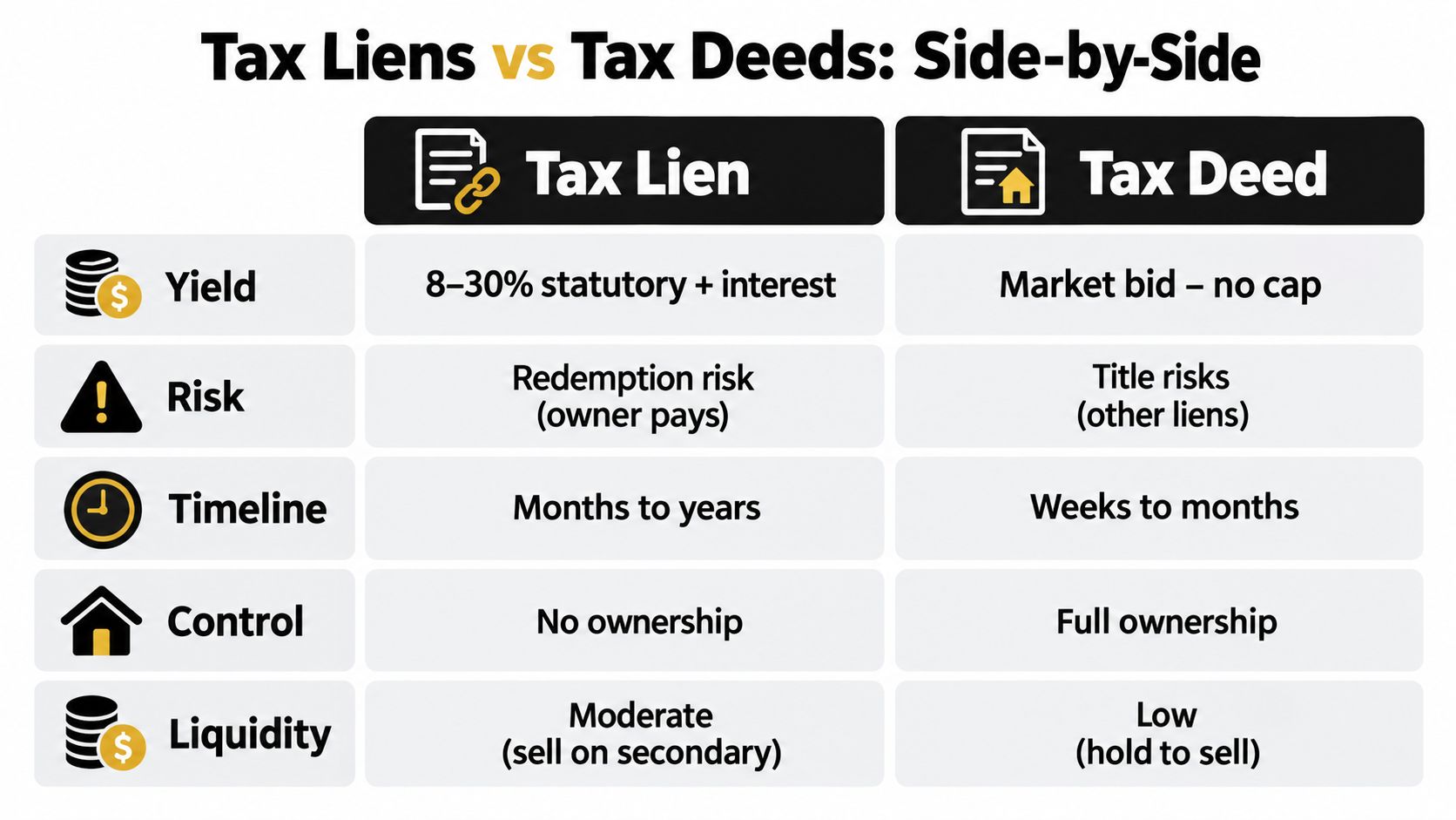 A comparison table outlining the key differences between tax liens and tax deeds for investors.