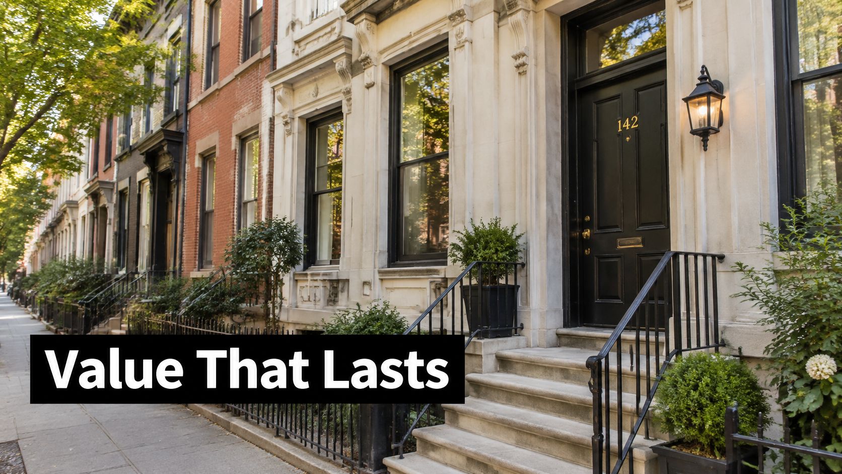 A row of historic brownstone townhouses with a black front door on a sunny city street.