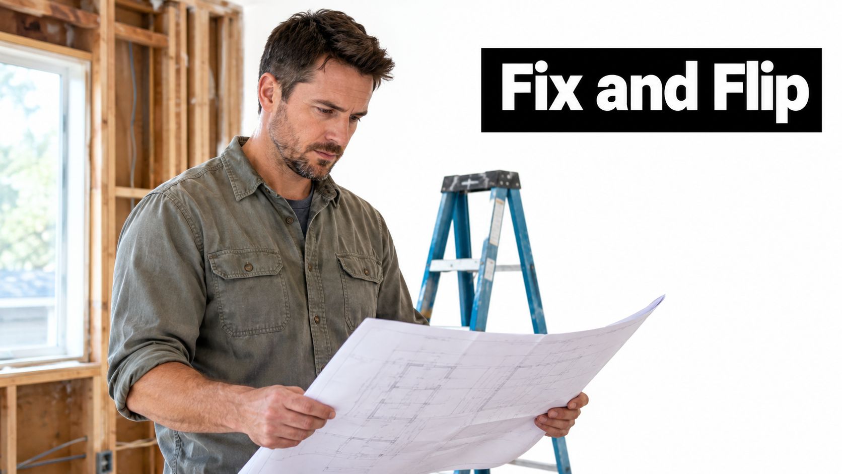 A professional construction worker reviewing architectural blueprints inside a residential building under renovation, near a ladder.