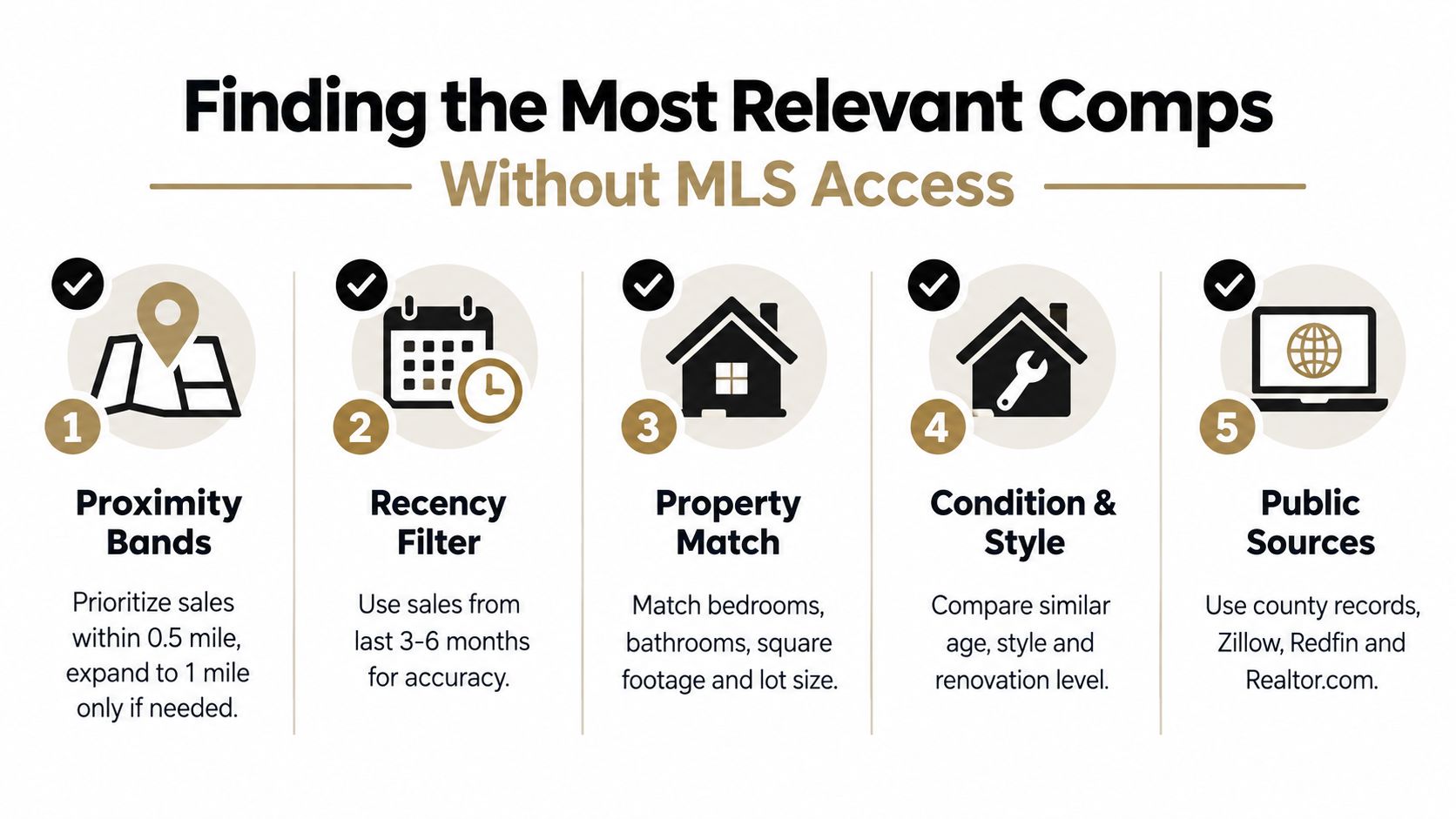An infographic showing five steps to find residential real estate comps without using MLS access.