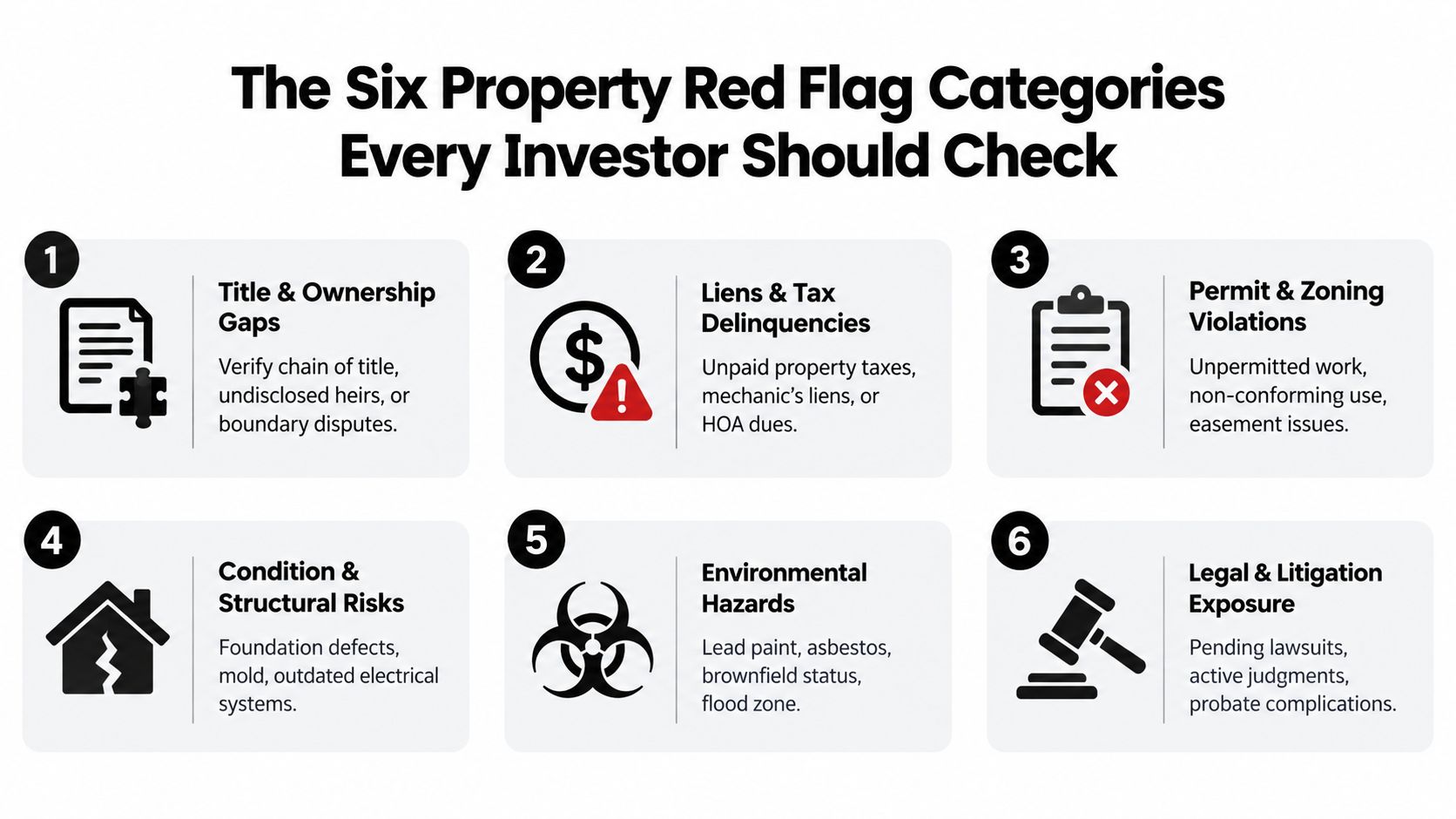An infographic detailing six property red flag categories for real estate investors, including legal, structural, and financial risks.