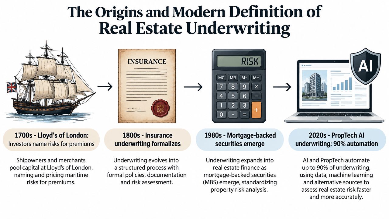 A timeline illustration showing the evolution of real estate underwriting from maritime insurance to modern AI.