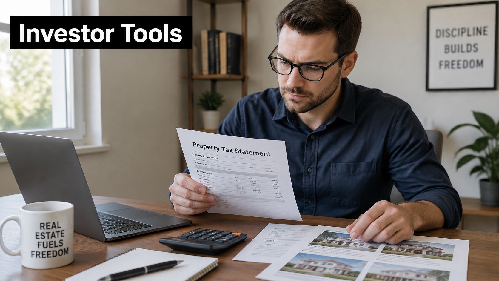 A man in a home office carefully reviewing a property tax statement with a calculator and laptop.