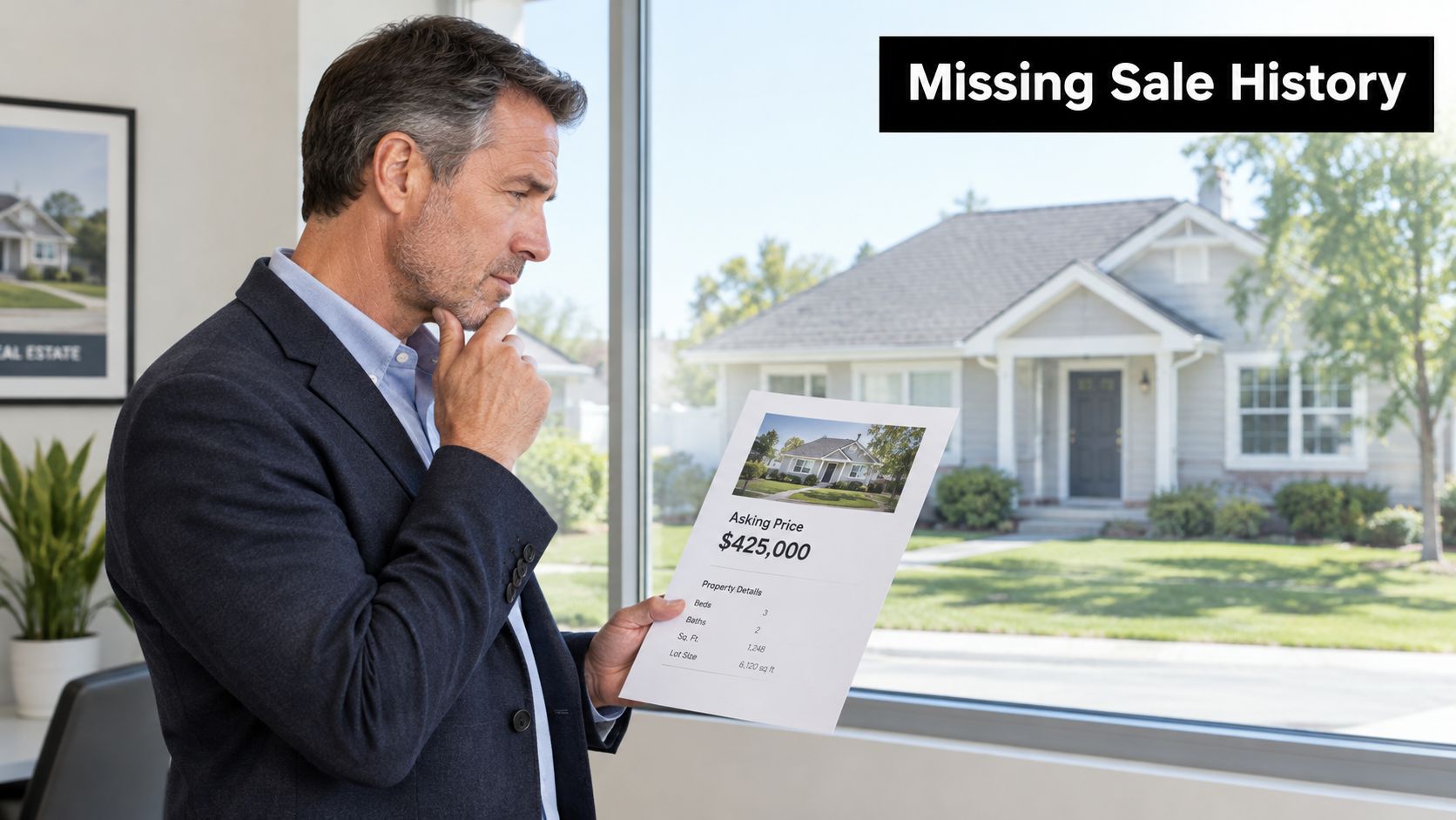 A professional real estate agent studies a property listing document while looking out a large window.