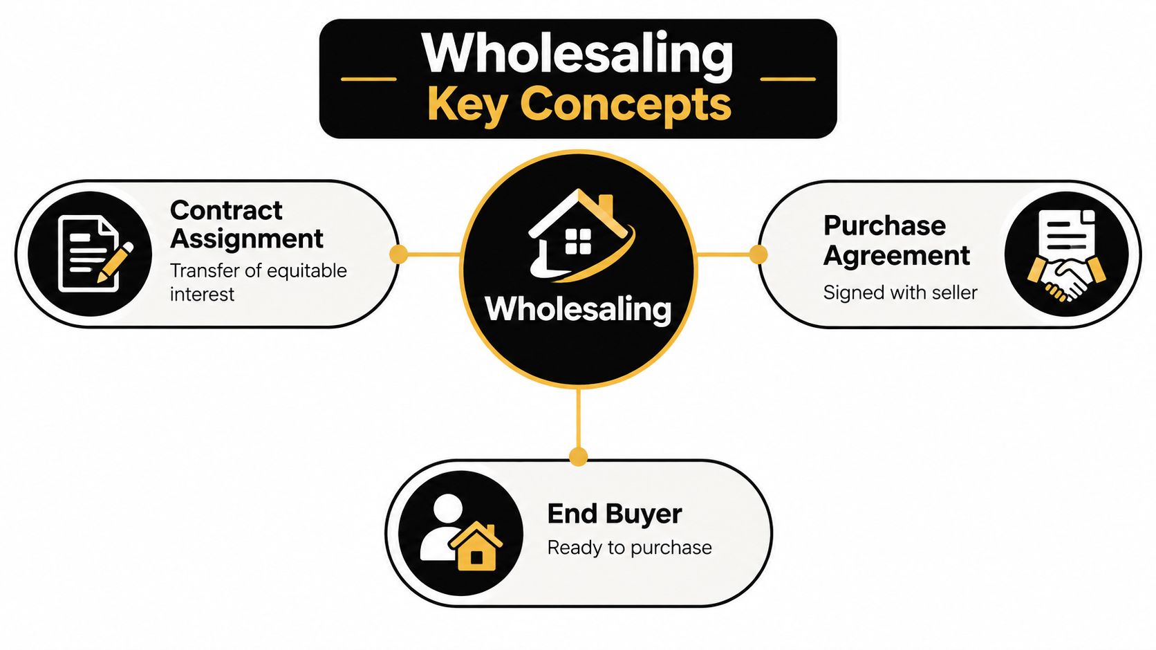 A diagram outlining the three key concepts of wholesaling real estate: contract assignment, purchase agreements, and buyers.