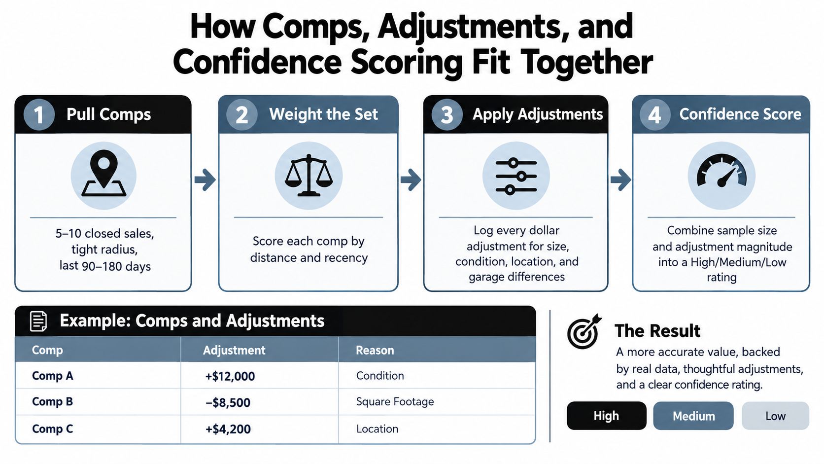 An infographic showing the four-step process for real estate property valuation using comps, adjustments, and confidence scoring.