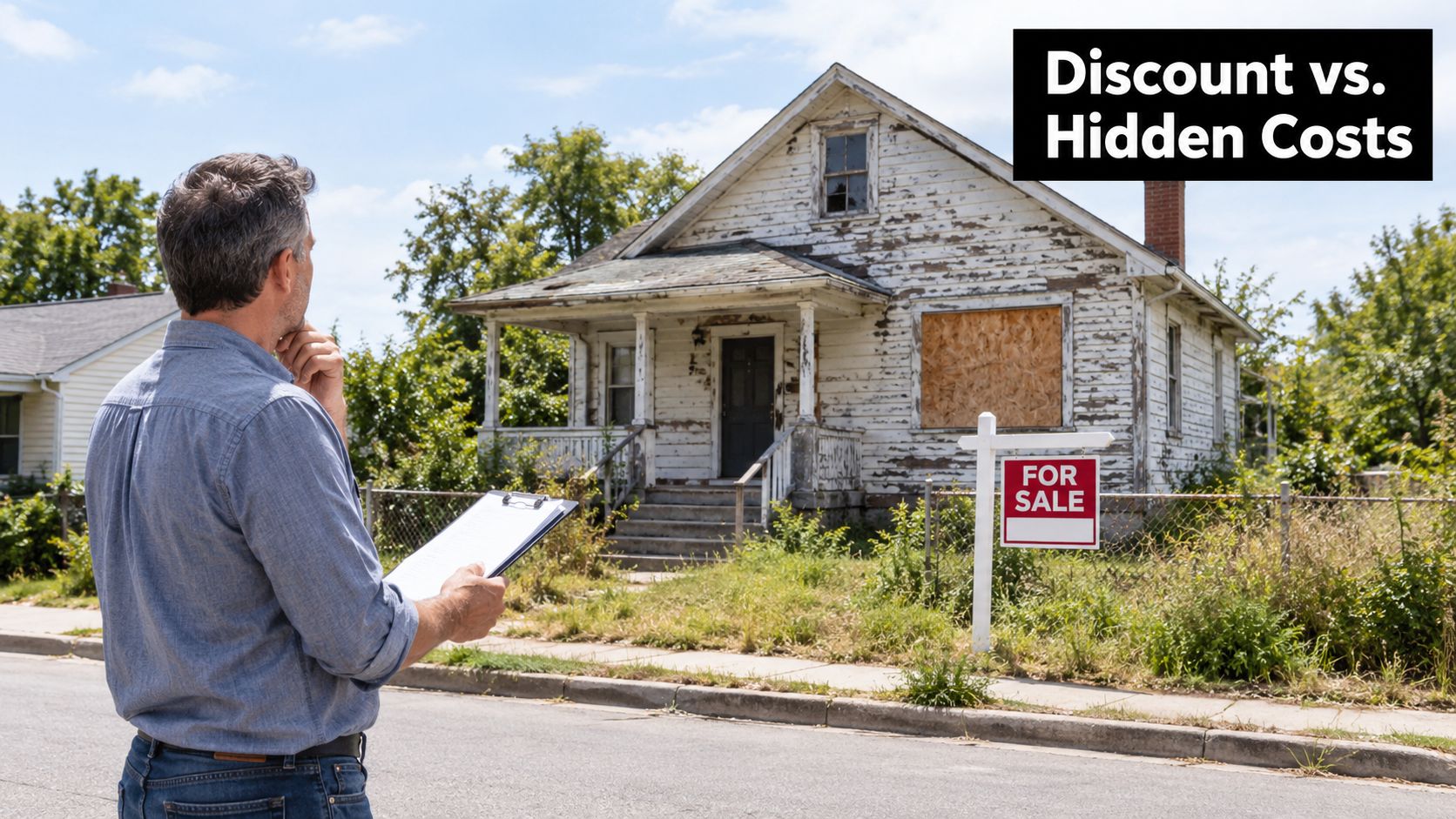 A man inspecting a dilapidated house for sale while considering potential hidden repair costs and discounts.
