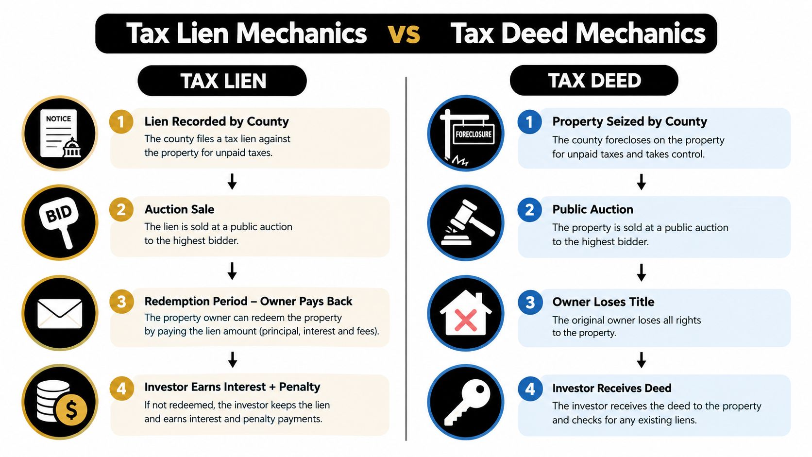 A comparison infographic detailing the procedural differences between tax lien and tax deed property investment mechanics.