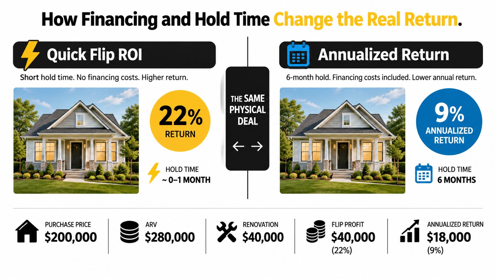 A real estate infographic comparing a quick flip ROI versus an annualized return for property investments.