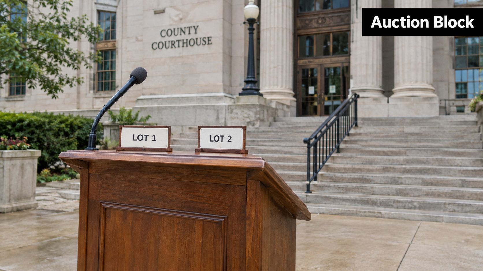 A wooden auction podium with lot signs standing in front of a county courthouse building.