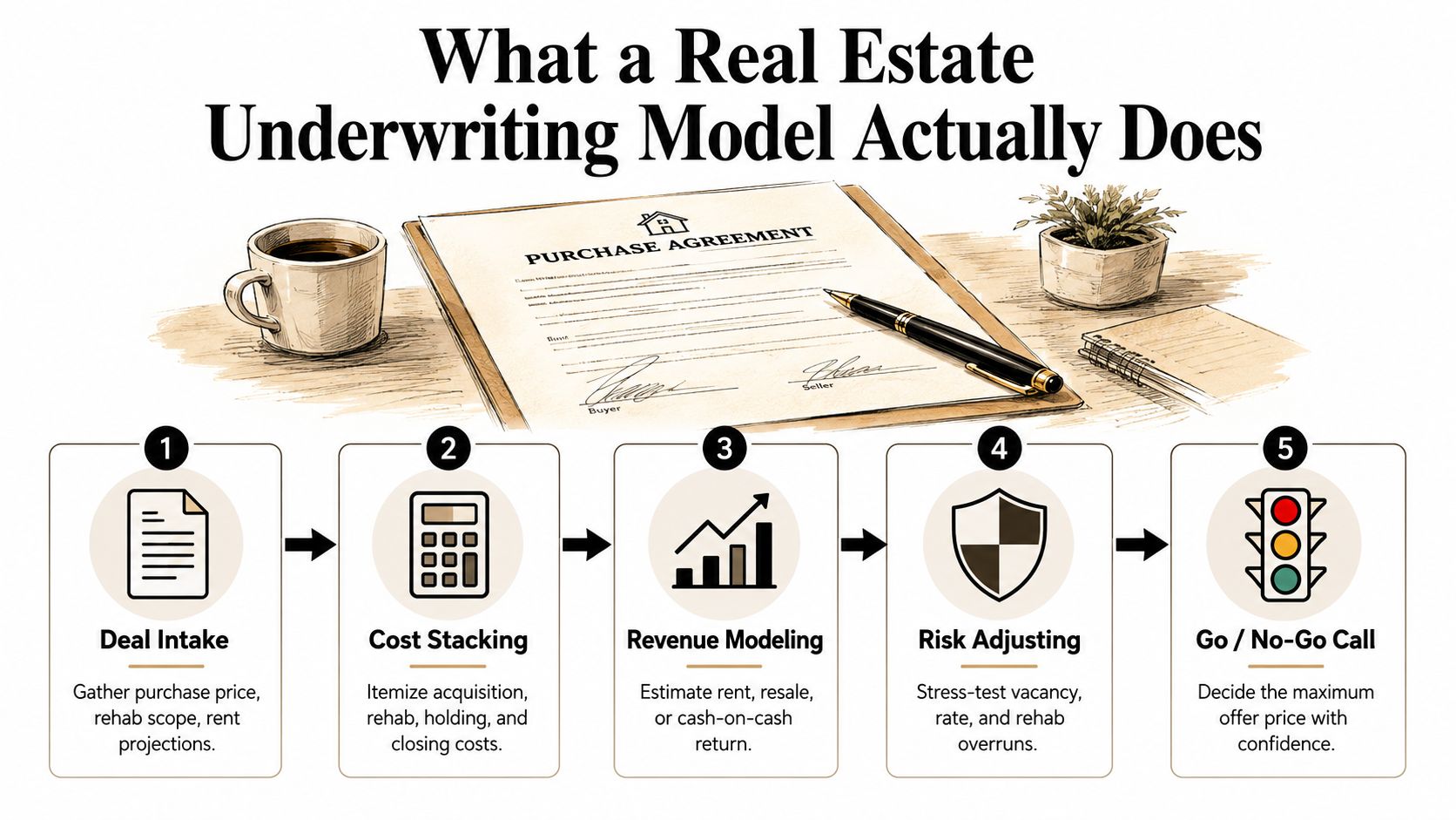A five-step infographic illustrating the real estate underwriting model process from deal intake to final decision making.