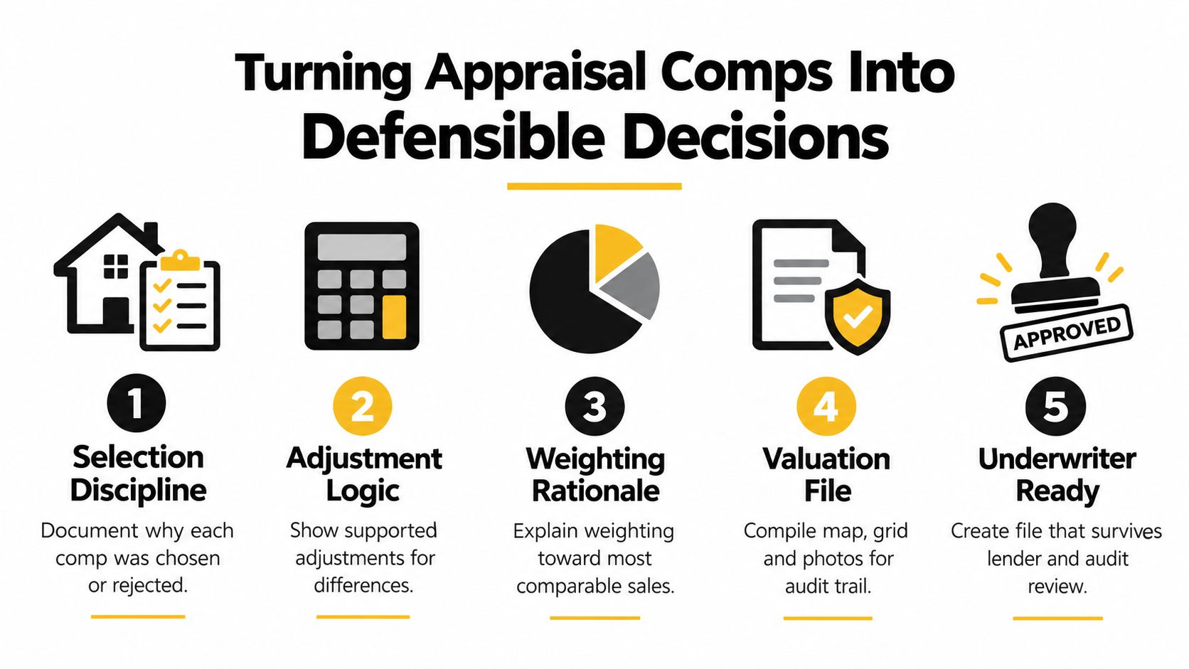 A five-step infographic showing how to turn appraisal comparables into defensible, audit-ready valuation decisions.
