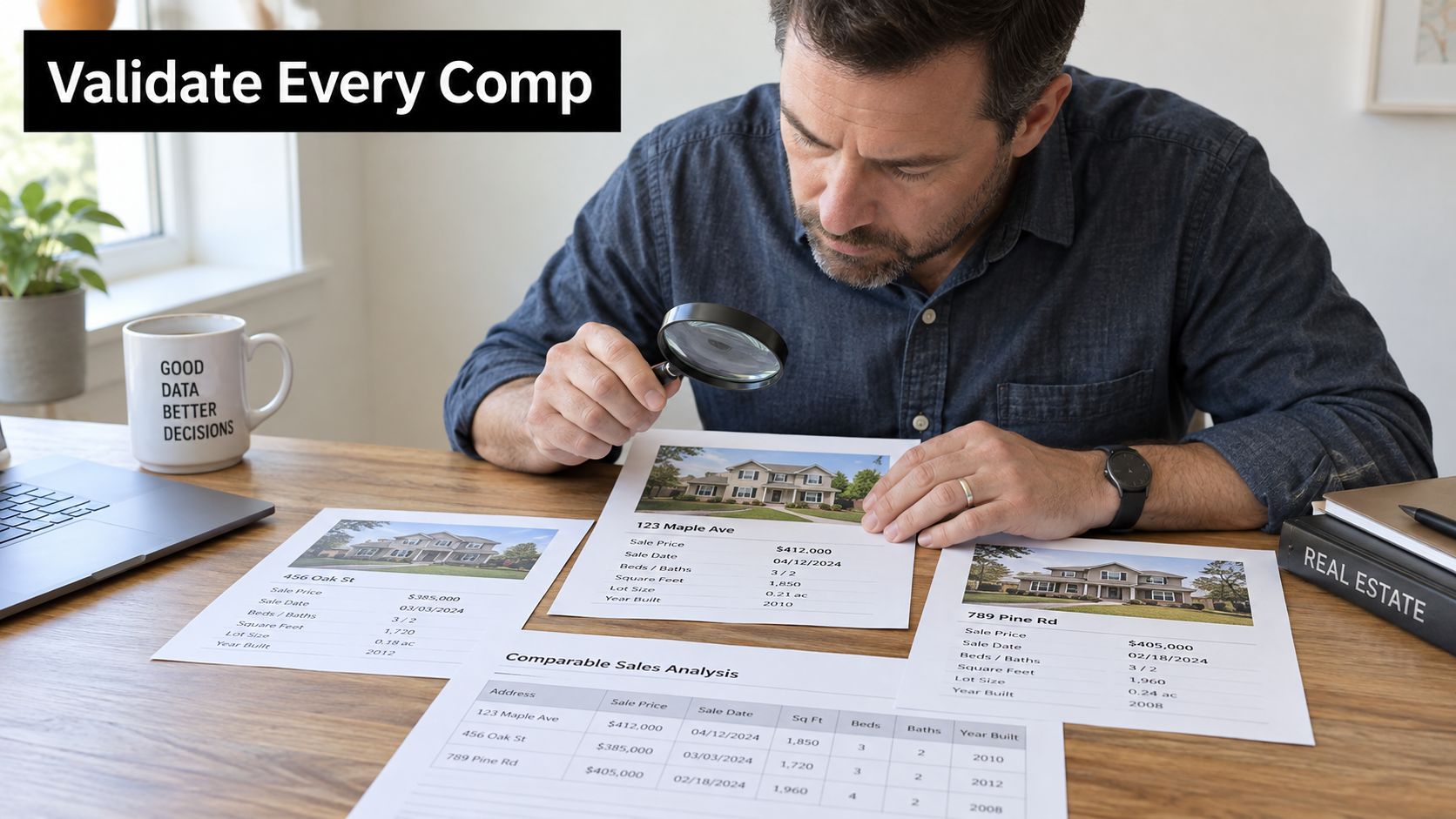A real estate professional analyzing residential property comparable sales reports using a magnifying glass at a desk.
