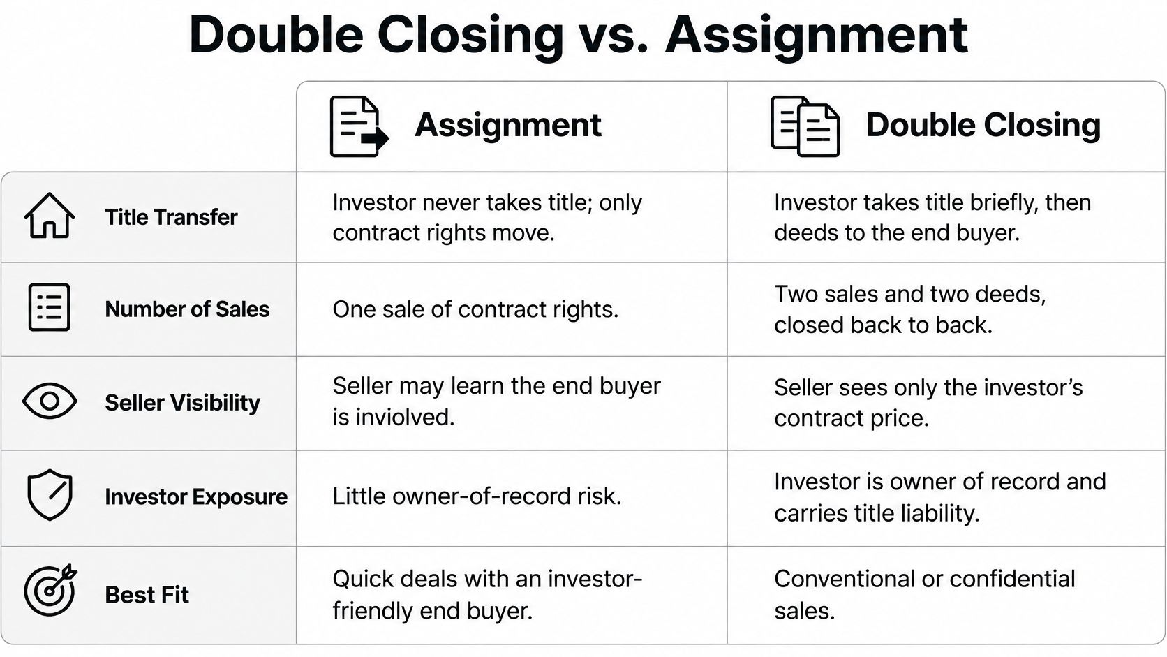 A comparison chart outlining the key differences between real estate assignment deals and double closing strategies.
