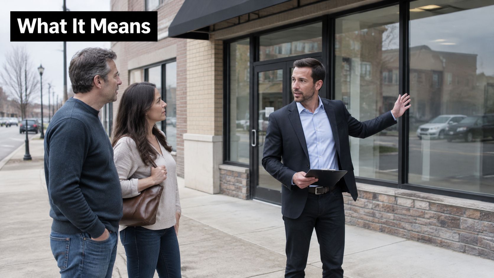 A real estate agent gesturing towards a commercial building while explaining property details to a couple.