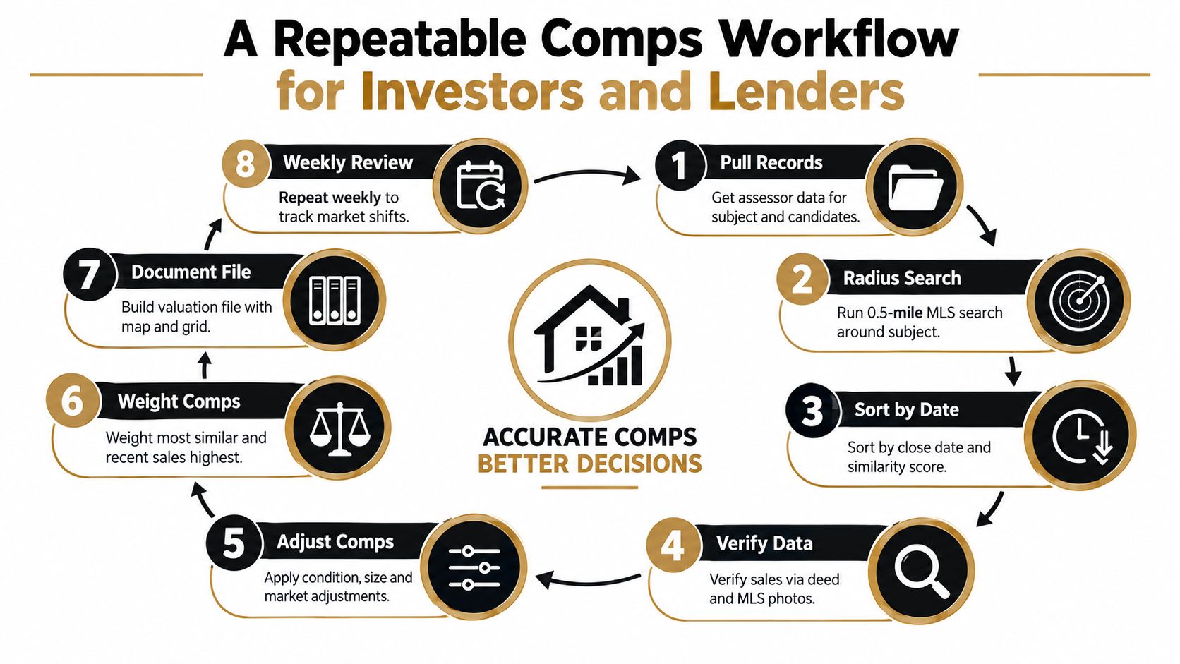 A diagram outlining an eight-step repeatable workflow for real estate investors and lenders to perform accurate property comparisons.