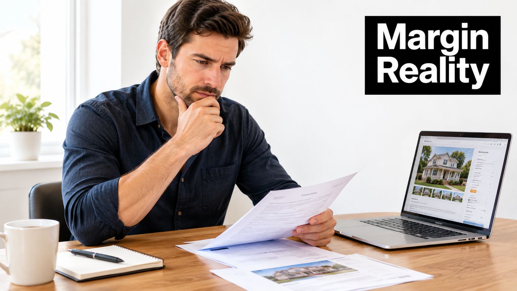A focused man reviewing real estate documents while sitting at a desk with his laptop.