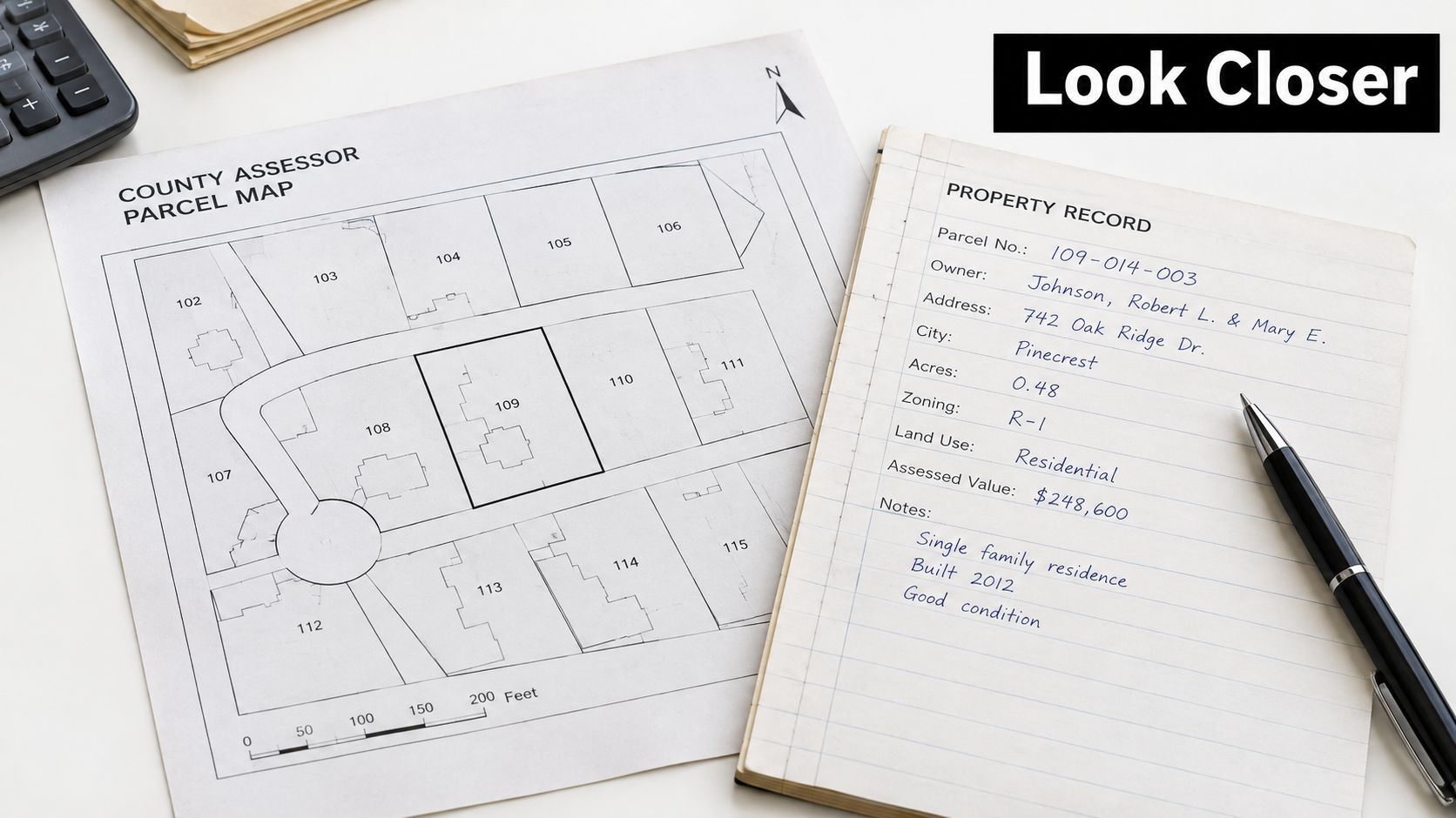 A property record notebook and a county assessor parcel map displayed on a white desk with a pen.