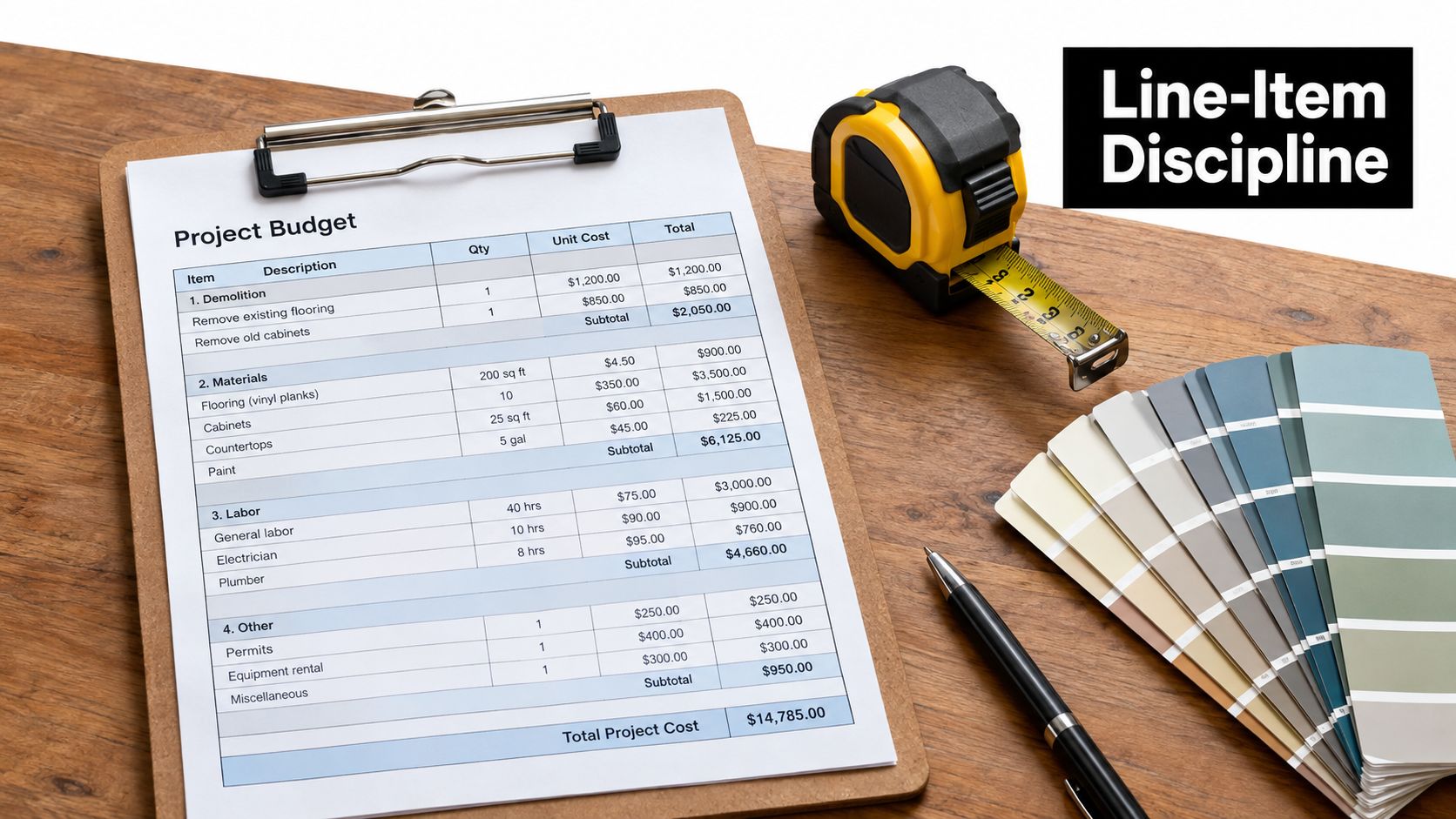 A clipboard showing a detailed construction project budget alongside a tape measure and paint swatches.