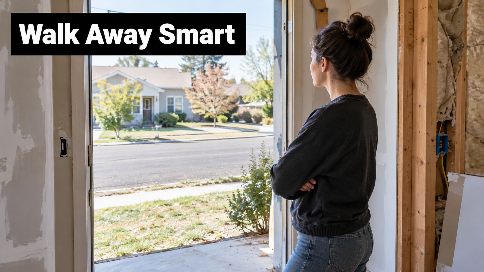 A woman stands in a home under construction looking out at a sunny neighborhood suburban street.