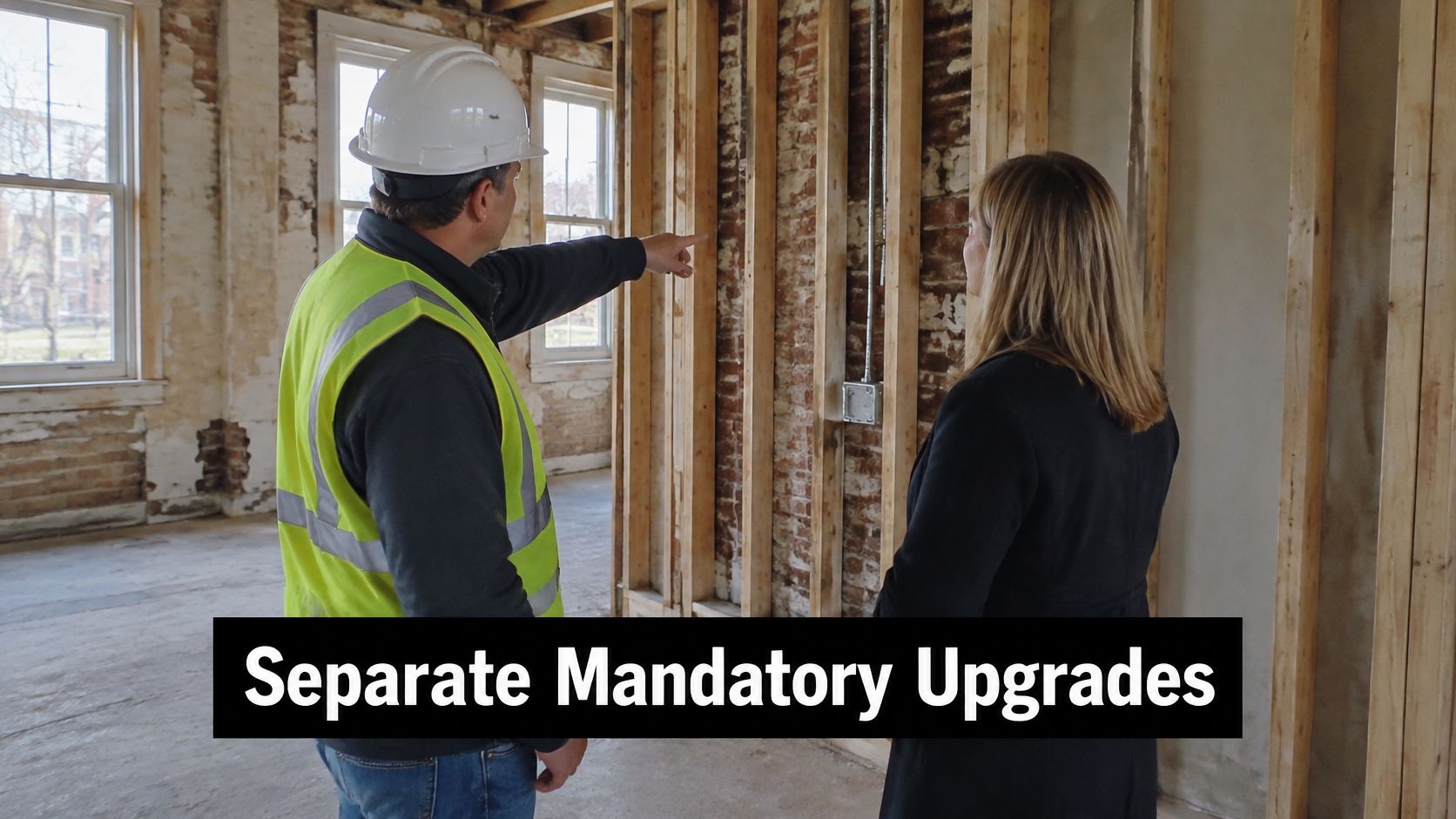 A construction manager in a safety vest points to building structural features while consulting with a client.