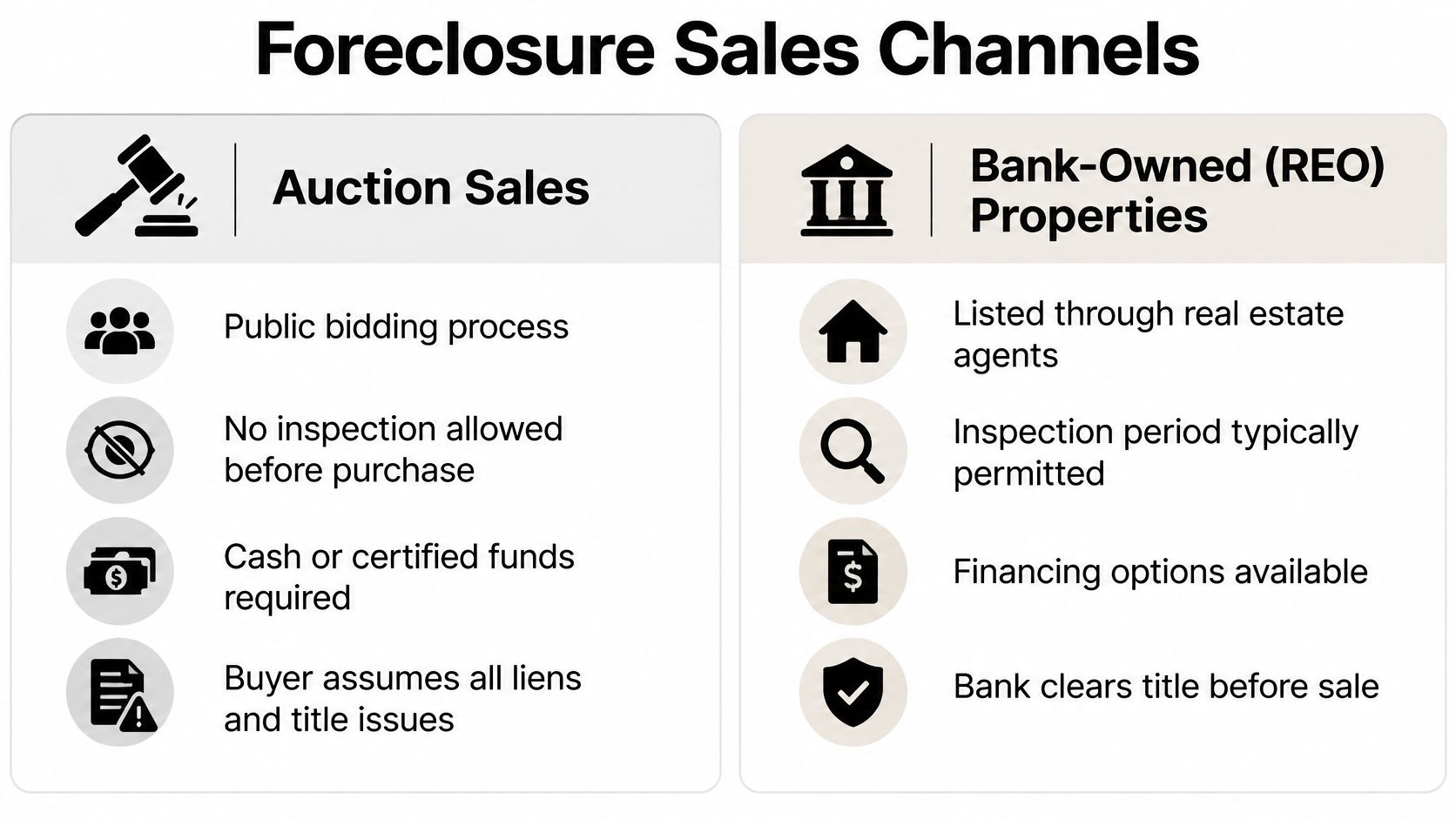 A comparison chart showing the differences between auction sales and bank-owned REO properties for foreclosure buyers.