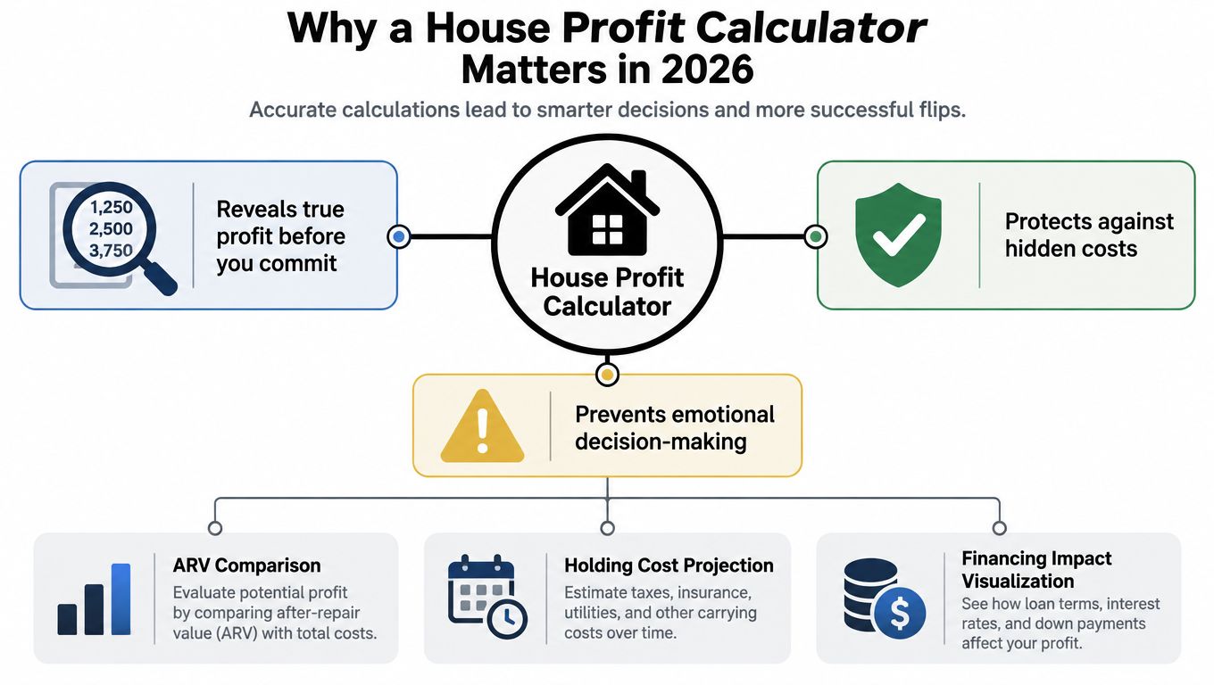 A diagram illustrating the benefits of using a house profit calculator for real estate flipping.