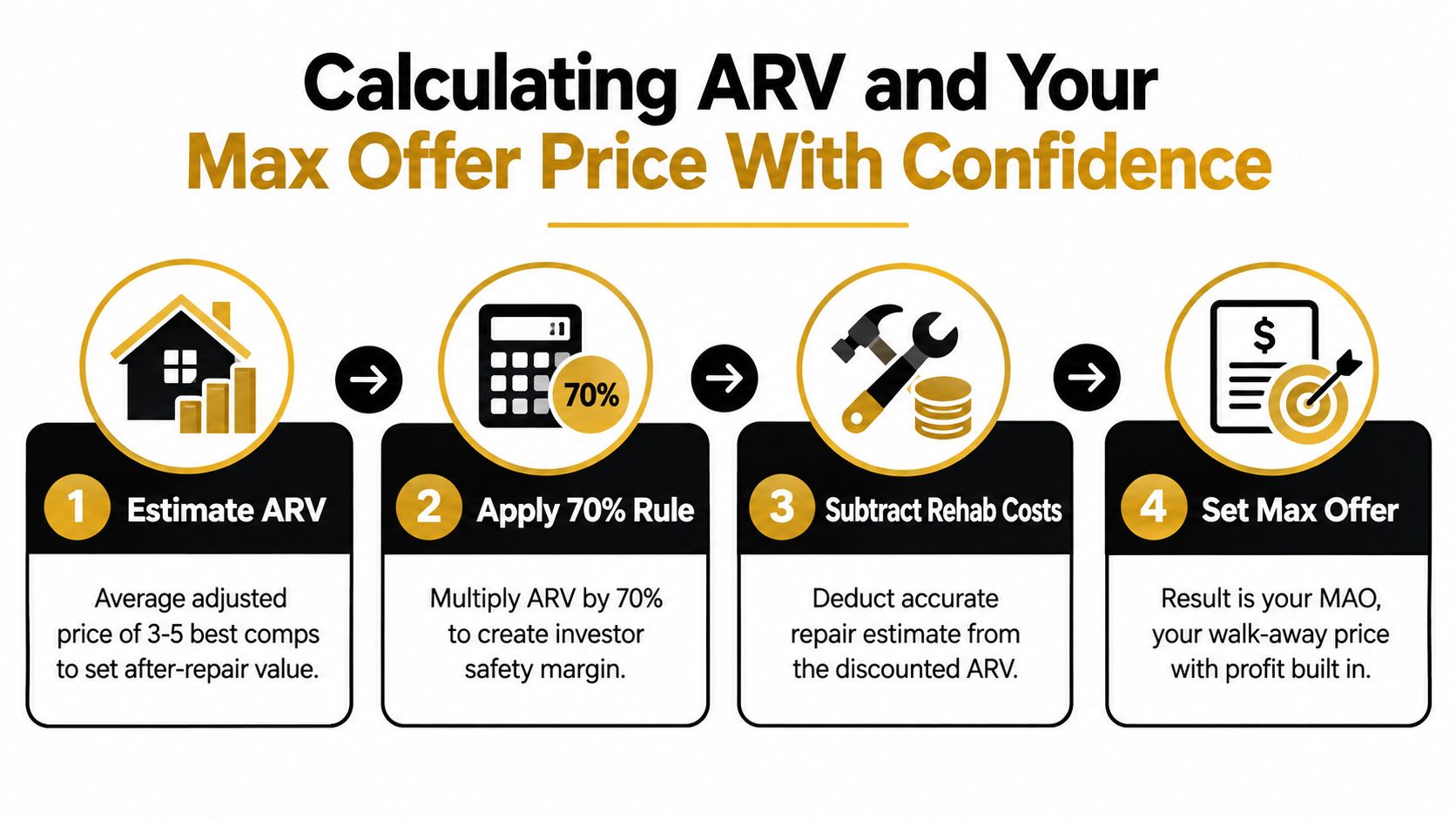 A four-step infographic illustrating the process of calculating after-repair value and maximum offer for real estate.
