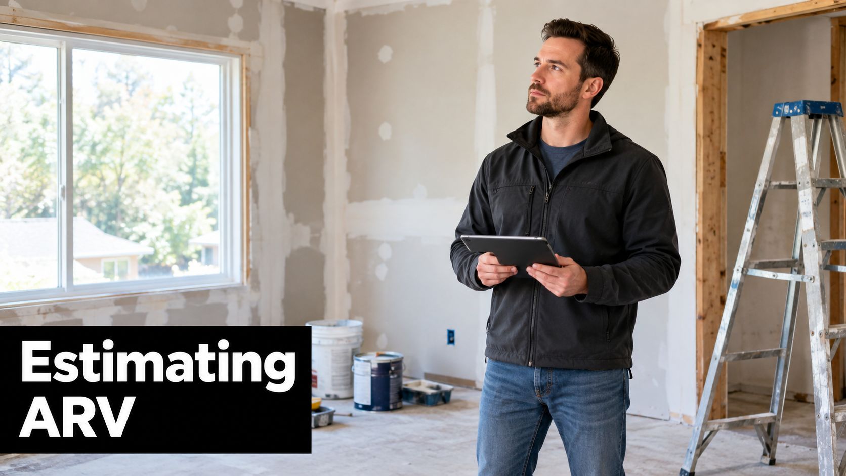 A man in a jacket holding a tablet stands in a room undergoing home renovation.