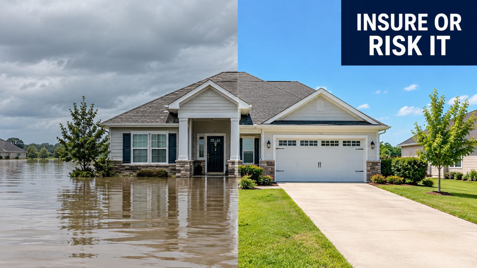 A split image showing the same house flooded under stormy skies and sunny on a clear day.