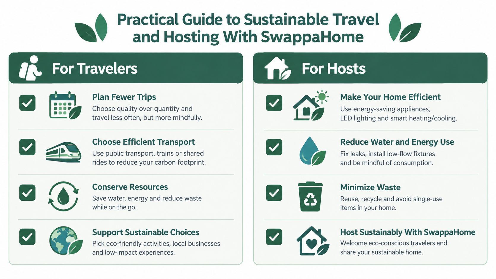 An infographic titled Practical Guide to Sustainable Travel and Hosting With SwappaHome showing tips for travelers and hosts.