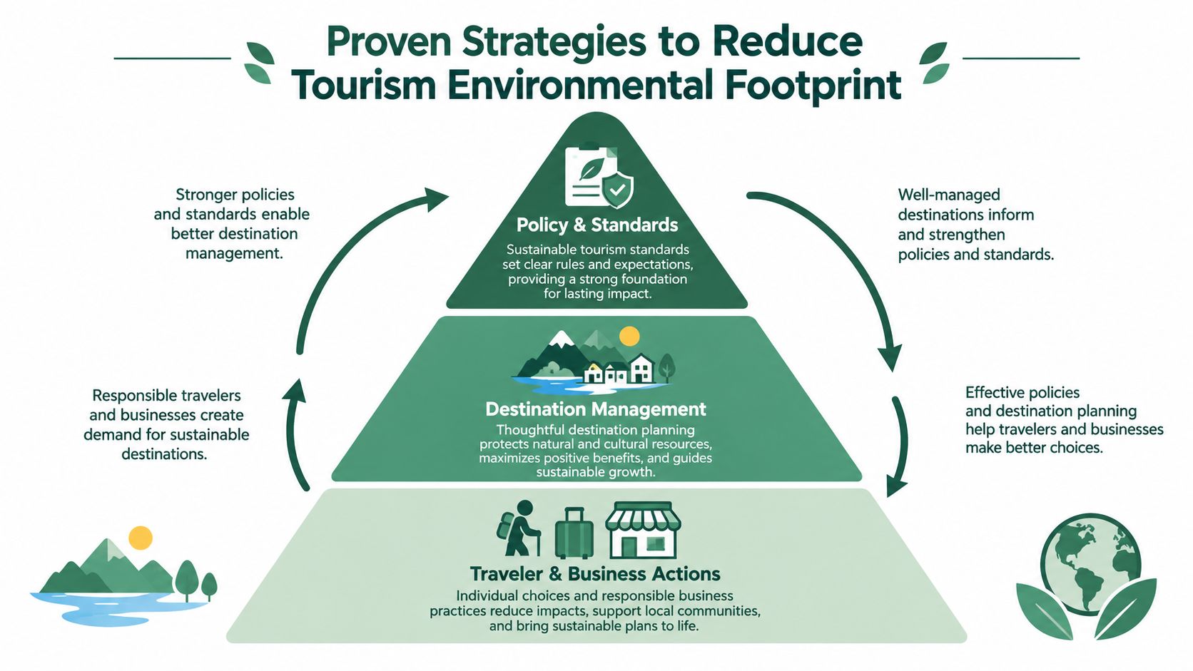 A pyramid diagram showing three levels of strategies to reduce the environmental footprint of tourism.