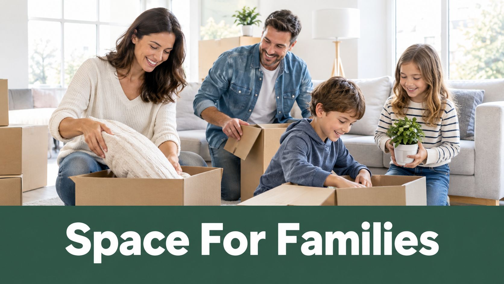 A happy family packing cardboard boxes together in their bright and spacious living room while moving house.