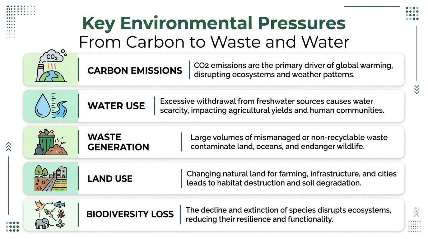 An infographic titled Key Environmental Pressures, illustrating five major issues: carbon emissions, water use, waste, land use, and biodiversity loss.