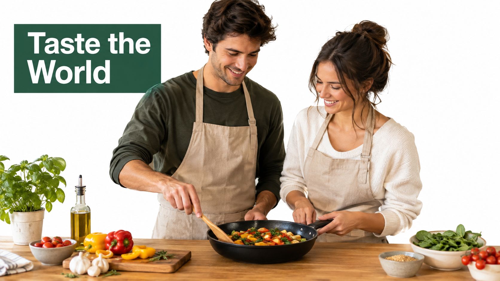 A happy couple wearing aprons cooks a healthy vegetable stir-fry together in a kitchen setting.