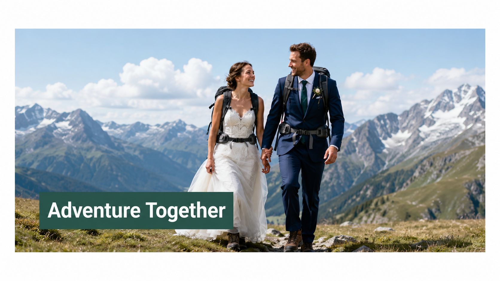 A newlywed couple in wedding attire hiking with backpacks through a scenic, mountainous landscape during their honeymoon adventure.