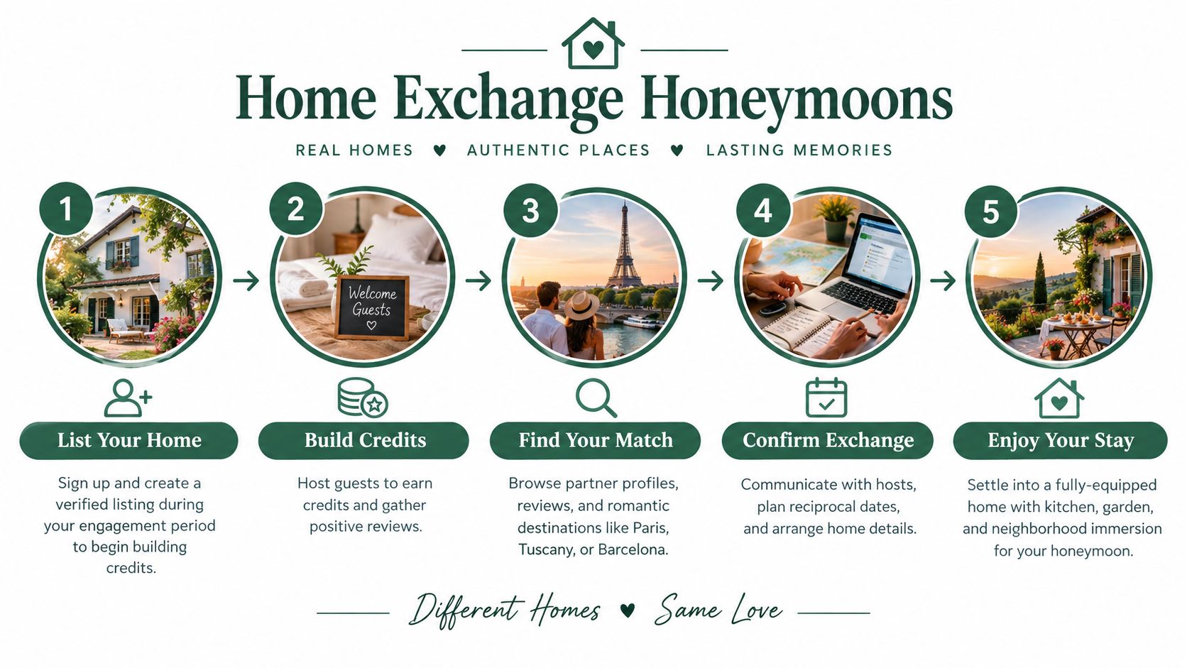 An infographic showing a five-step process for organizing a home exchange honeymoon for couples.